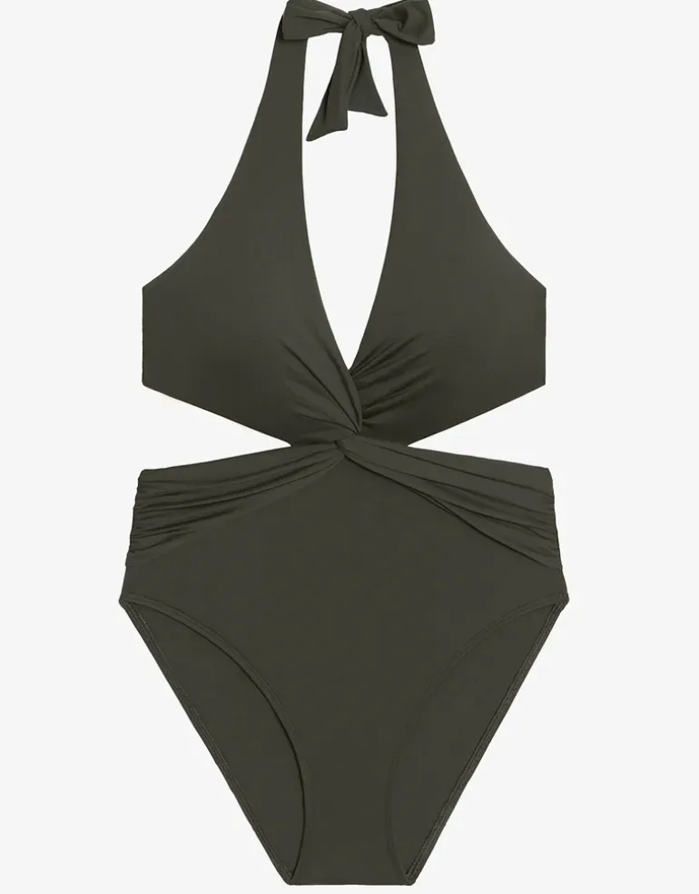 Beach Club Solids Cut Out Halter Swimsuit - Olive