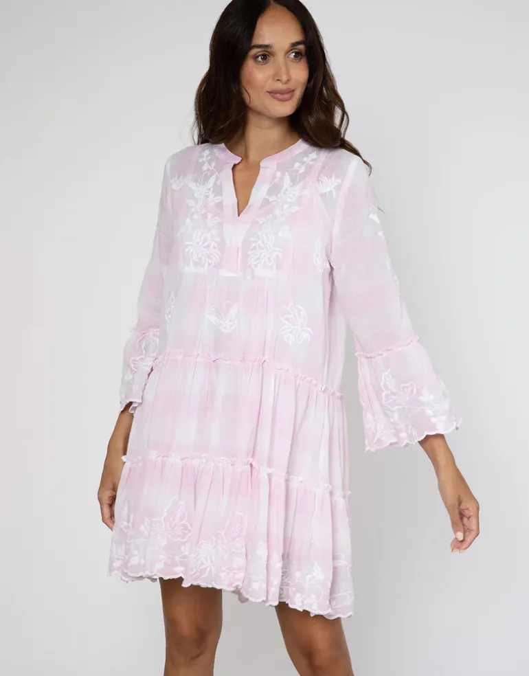 Butterfly Gingham Flared Sleeve Dress - Pink