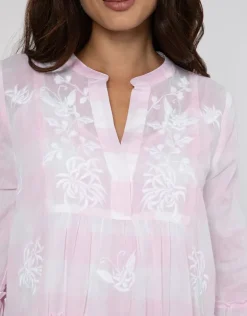 Butterfly Gingham Flared Sleeve Dress - Pink