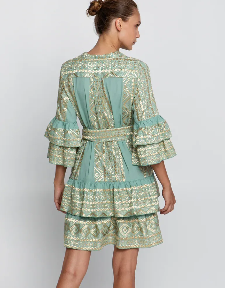 Classic Triangle Layered Mini Dress with Sash - Sea Green and Gold