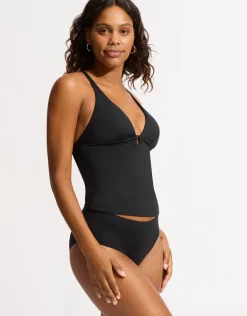 Collective Trim Front Tankini Top - Black