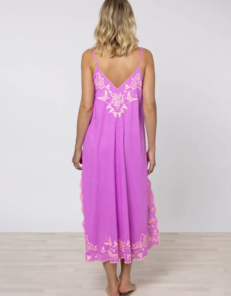 Cotton V-Neck Slip Dress with Butterfly Embroidery - Violet and Neon Peach
