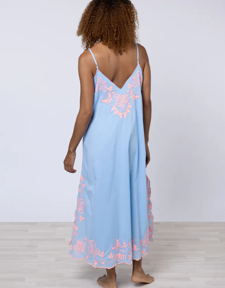 Cotton V-Neck Slip Dress with Butterfly Embroidery - Blue and Neon Pink