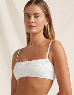 Creme Memoir Embroidered Bandeau Crop Bikini Top - White