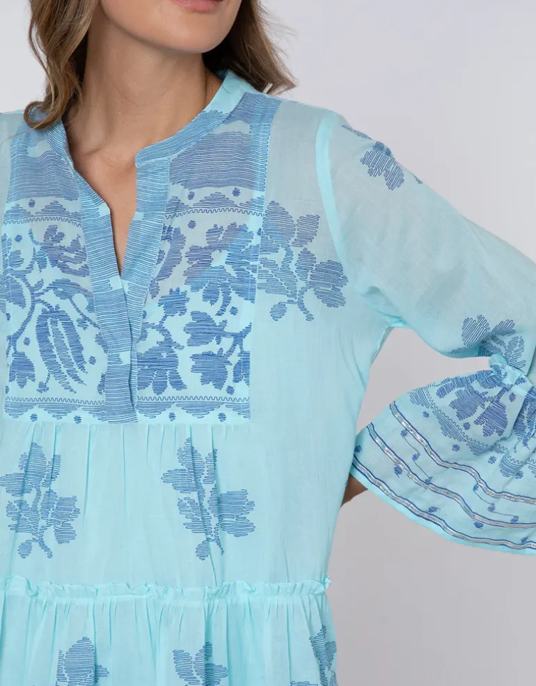 Dhaka Print Flared Sleeve Dress - Blue and Royal Blue