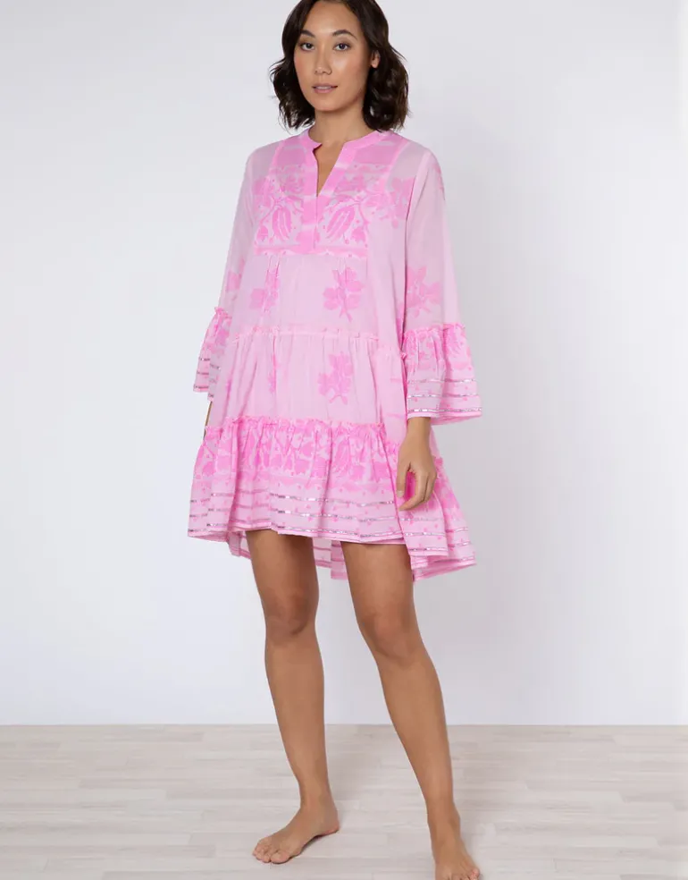 Dhaka Print Flared Sleeve Dress - Pink and Neon Pink