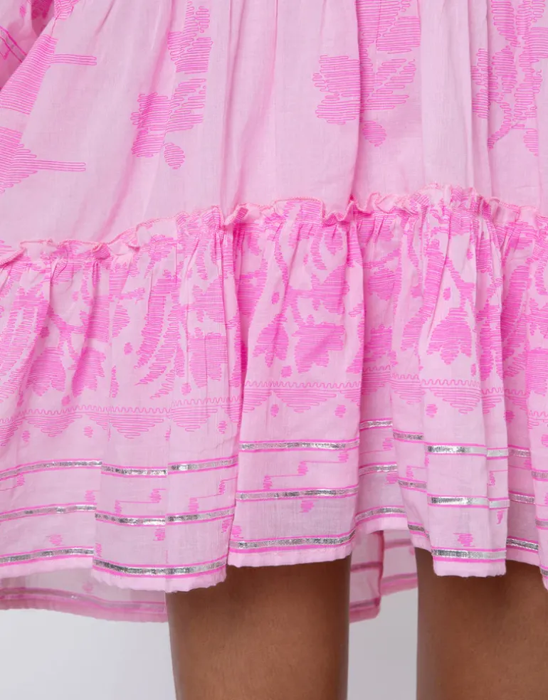 Dhaka Print Flared Sleeve Dress - Pink and Neon Pink