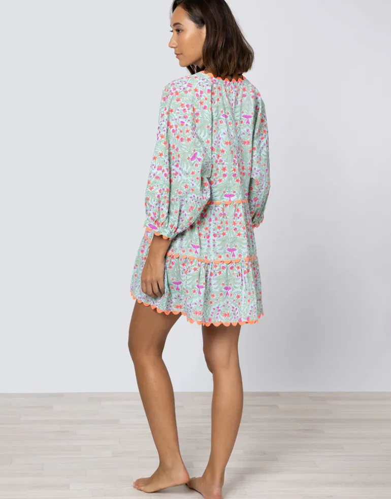 Ditsy Print V-Neck Tiered Mini Dress with Ric-Rac - Aqua and Neon Red