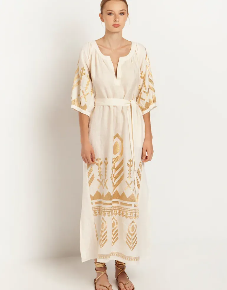 Feather Maxi Kaftan - Natural and Gold