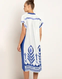 Feathers Kaftan Tunic - White and Blue