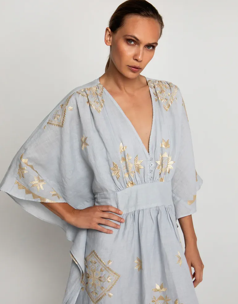 Lefkada Kimono Sleeve Maxi Kaftan - Light Grey and Gold