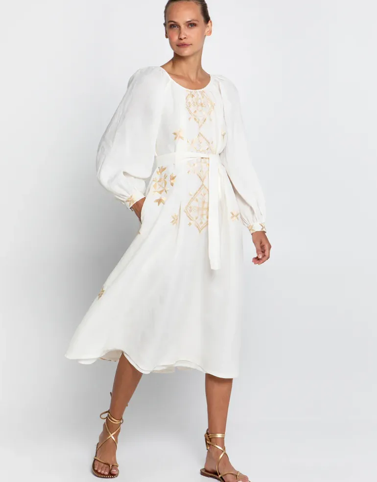 Lefkada Round Neck Midi Kaftan Dress - Natural and Gold