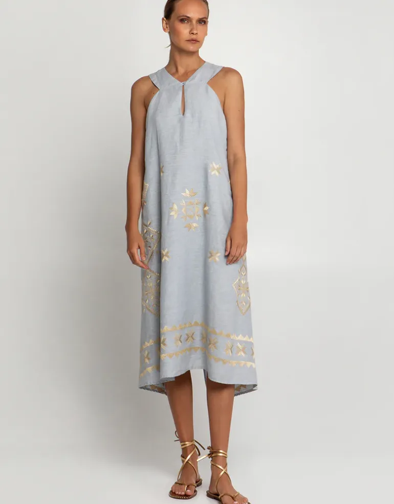 Lefkada Sleeveless Midi Dress - Light Grey and Gold