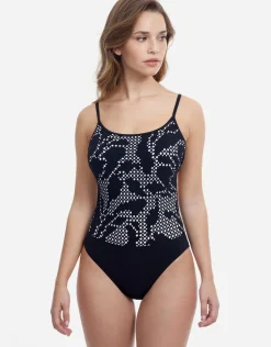 Profile Mashrabiya Round Neck Tie Back Swimsuit - Black
