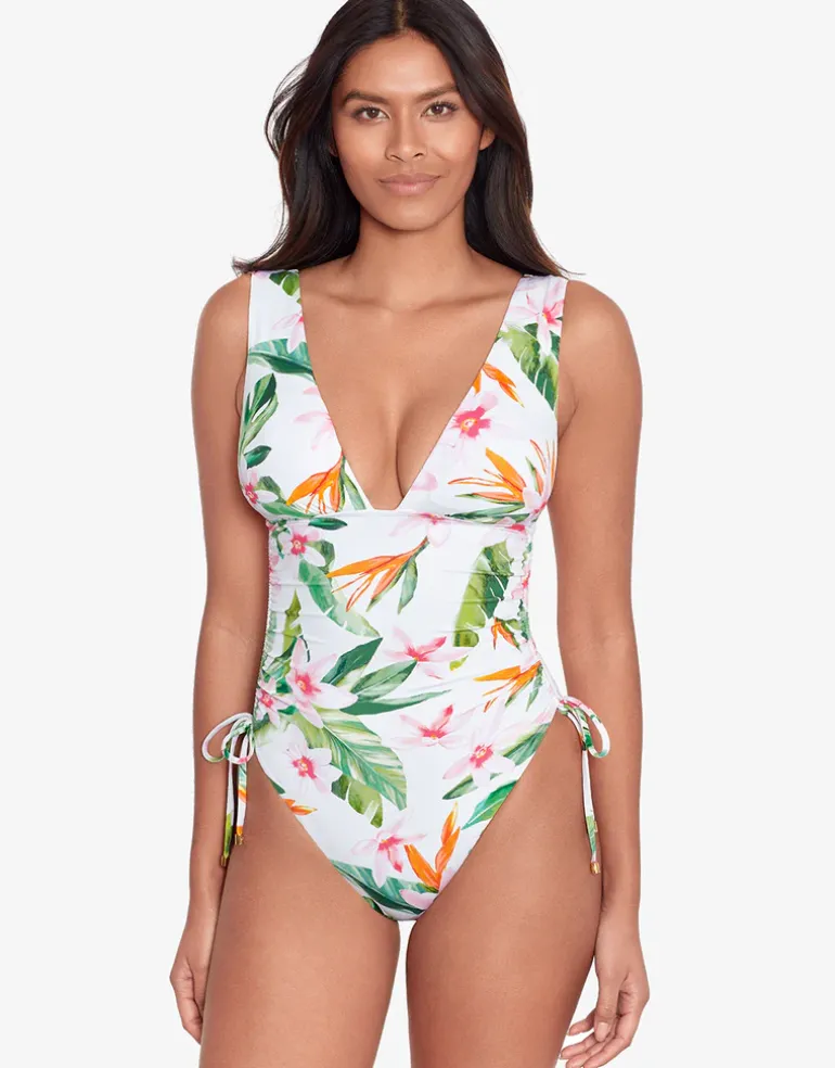 Watercolour Tropical Shirred Plunge Swimsuit - White Multi