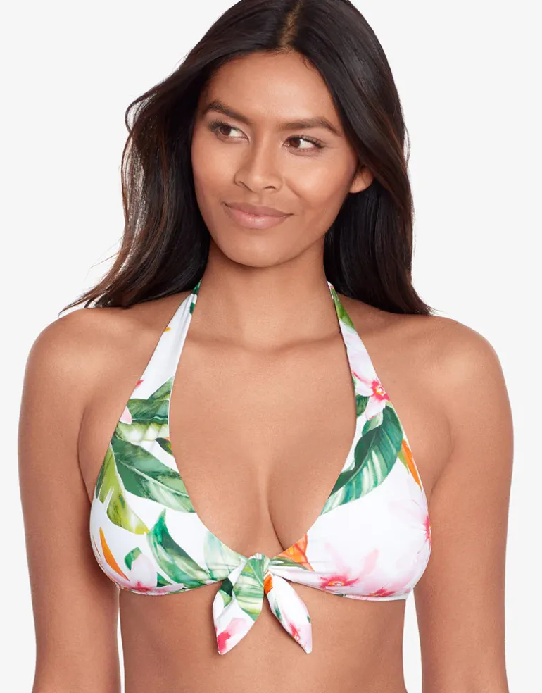 Watercolour Tropical Tie Front Halter Bikini Top - White Multi