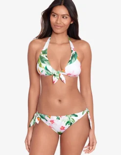 Watercolour Tropical Tie Front Halter Bikini Top - White Multi