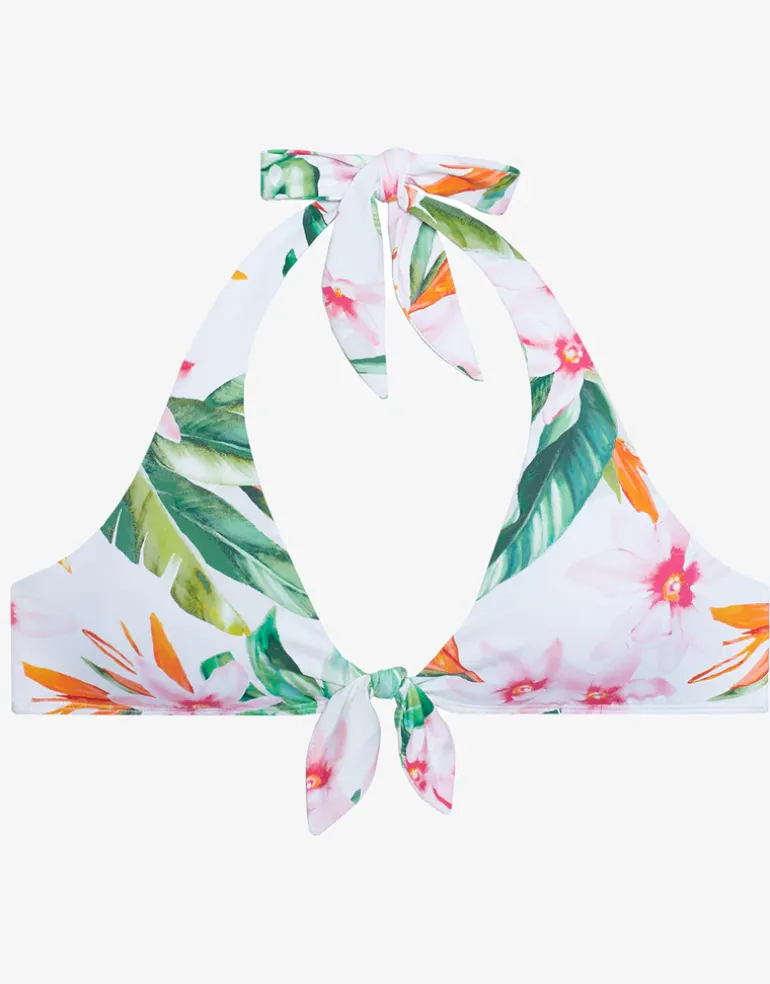 Watercolour Tropical Tie Front Halter Bikini Top - White Multi
